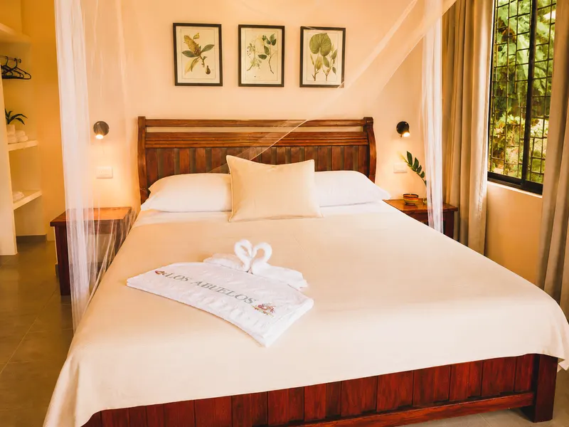 Cama queen con toldo y mesas de noche de madera